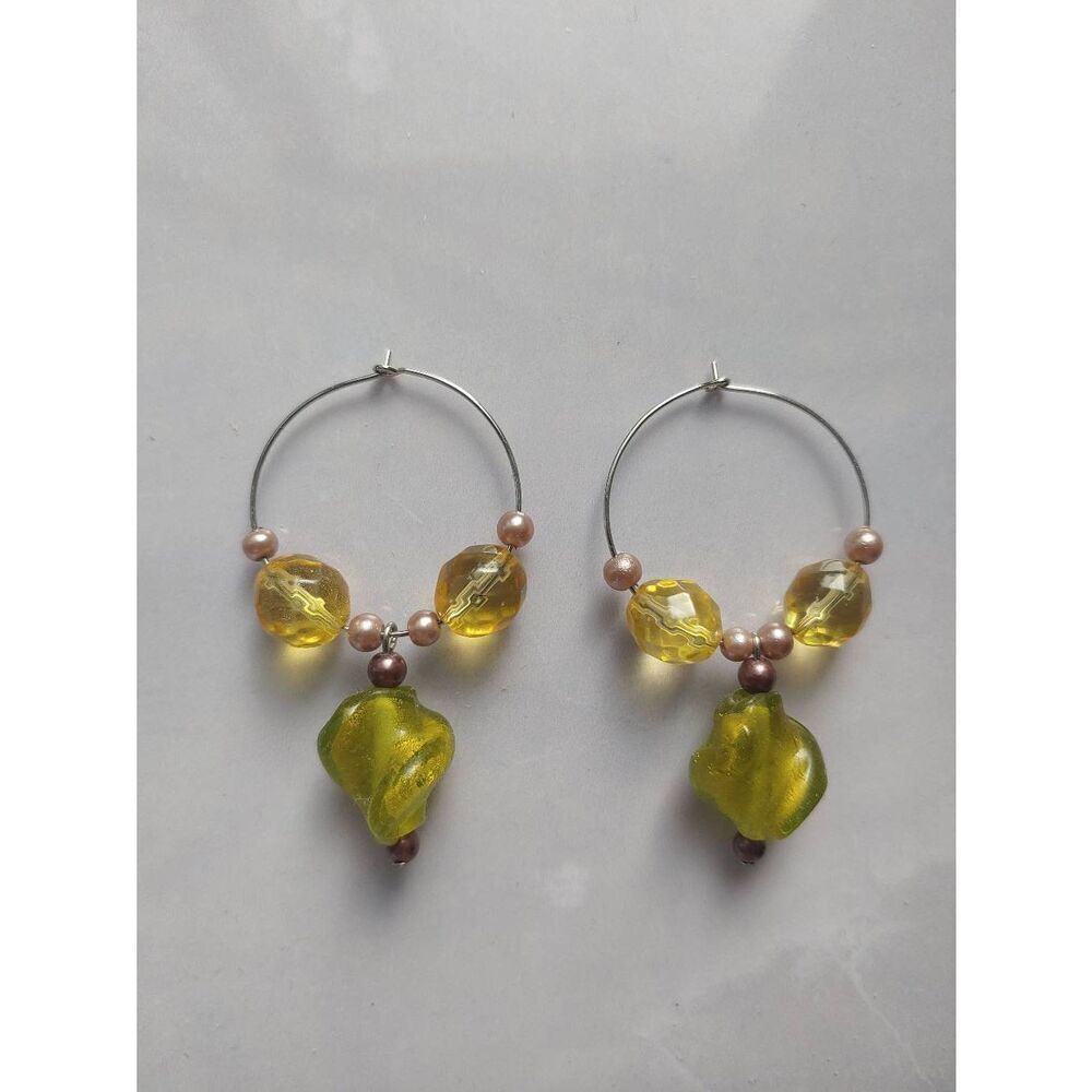 Handmade 2 1/4" Long Yellow/Green Glass Beaded Earrings